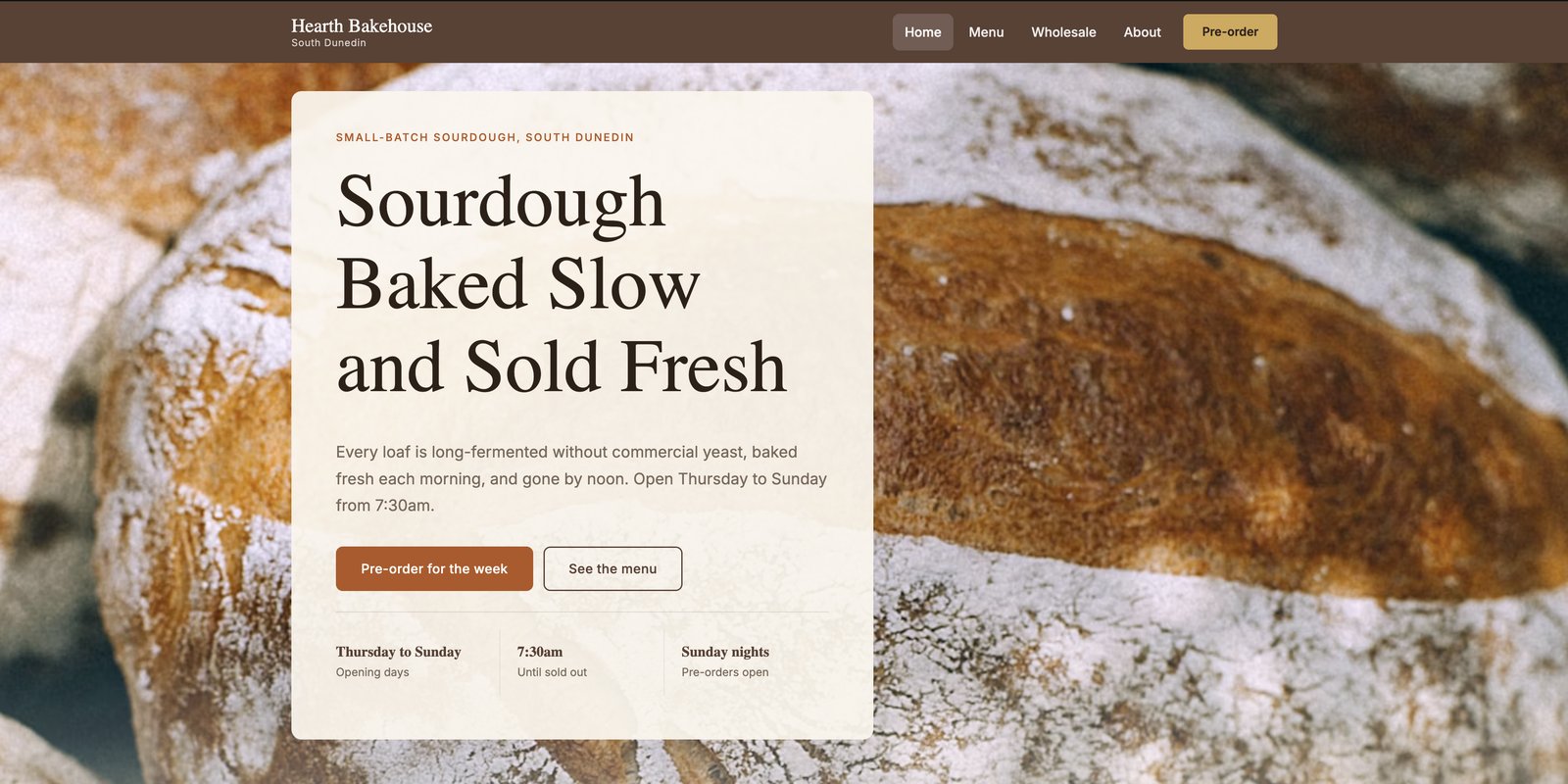 Home page of the Hearth Bakehouse demo website built by Debut