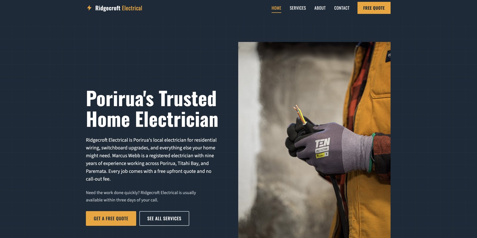Home page of the Ridgecroft Electrical demo website built by Debut